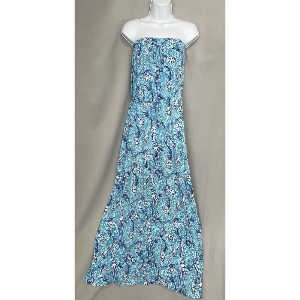 Lilly Pulitzer Size M Blue Marlisa Nice Tail Mermaid Cotton Strapless Maxi Dress